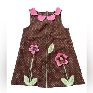 Bonnie Jean Girls Corduroy A-Line Dress Brown Pink Floral Polka Dot 100% Cotton